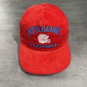 Vintage 80s Mt Pleasant Football Snapback Hat Red Corduroy Trucker Cap USA Sport